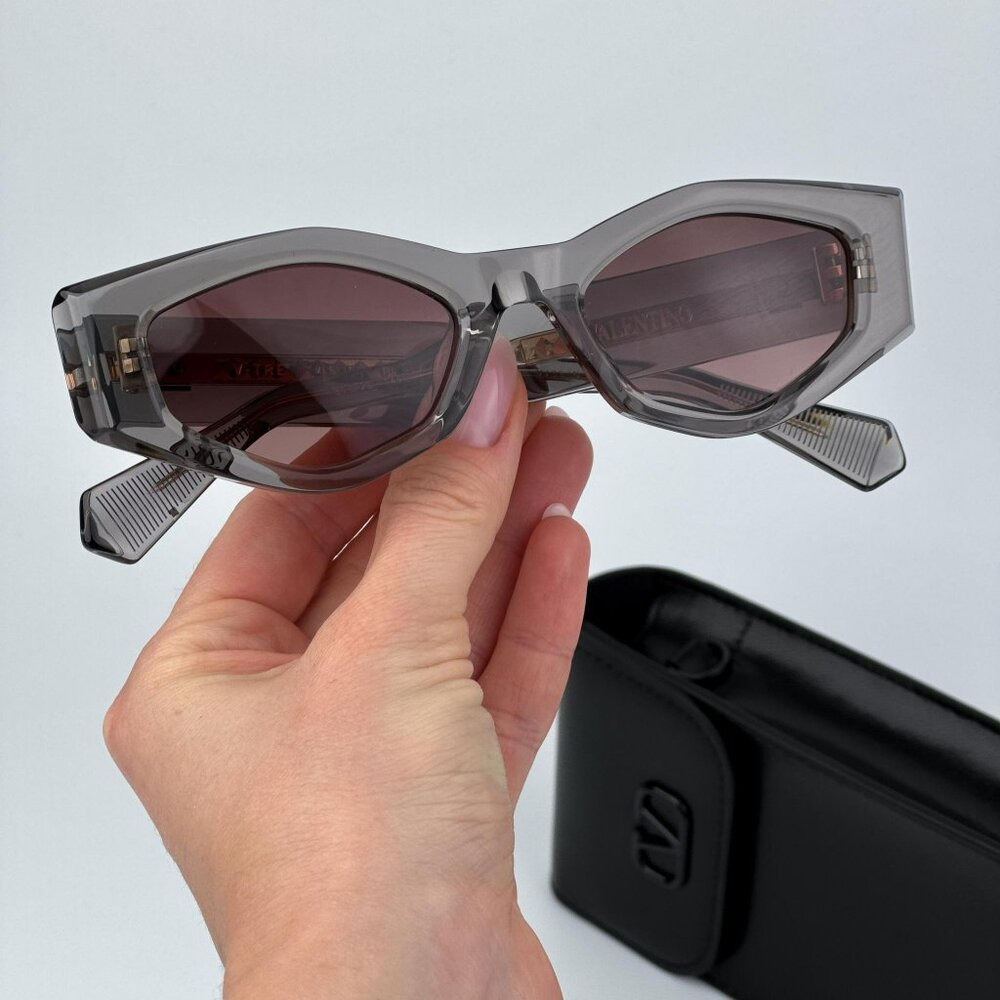 Valentino Women BRAND NEW Sunglasses Translucent Grey Rose Irregular V - TRE